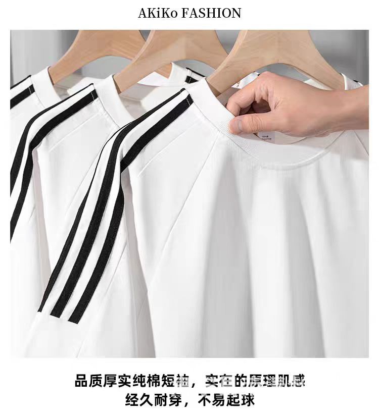 New 220g classic American three-bar pure cotton T-shirt for men, summer casual retro loose round-neck trendy short-sleeved pic 10