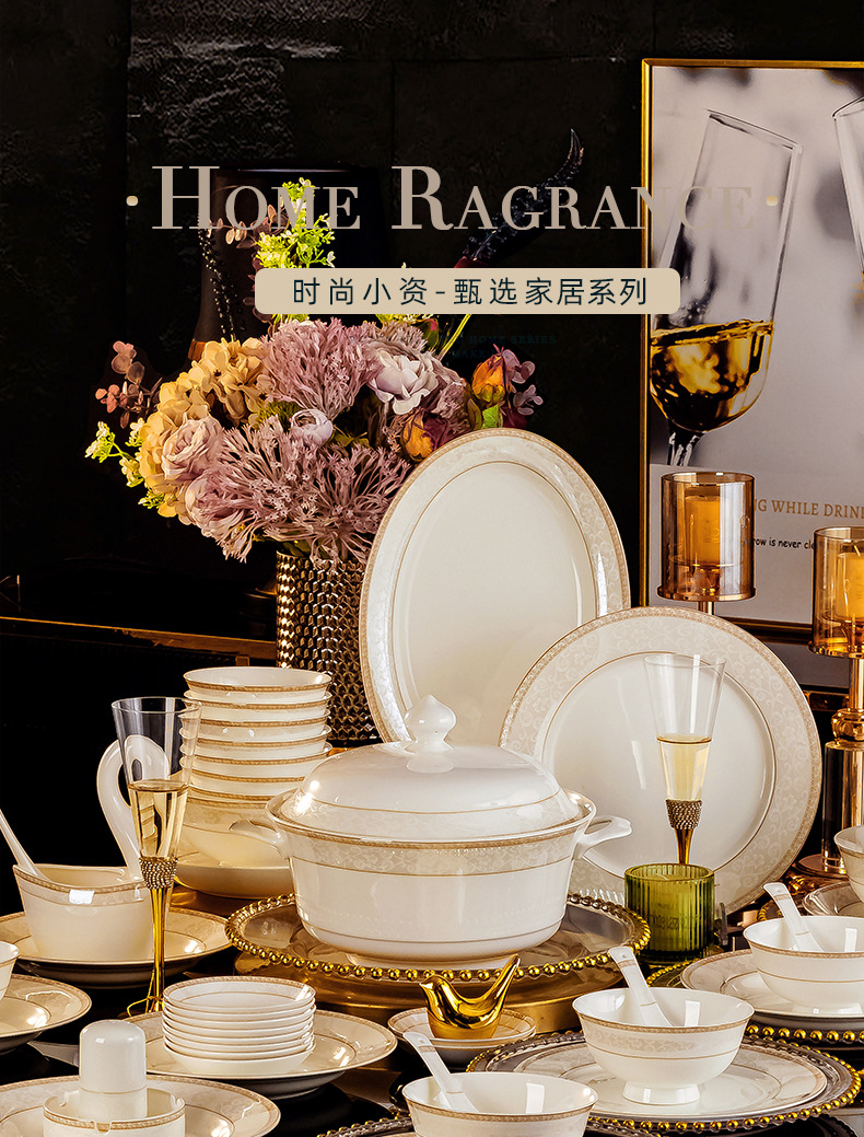 Ceramic tableware bowls, plates and plates set for home use, Jingdezhen Jinggesi Bone China bowl and chopstick set Company gift wholesale pic 3