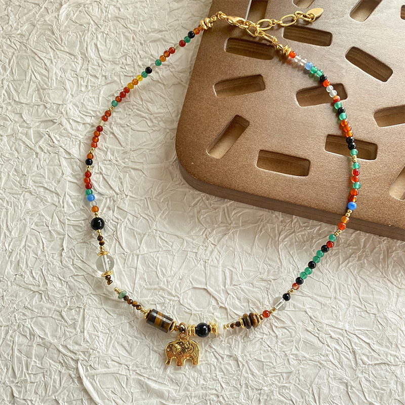 法式复古小象多巴胺串珠项链虎眼石水晶多色天然米珠小众锁骨链女详情7
