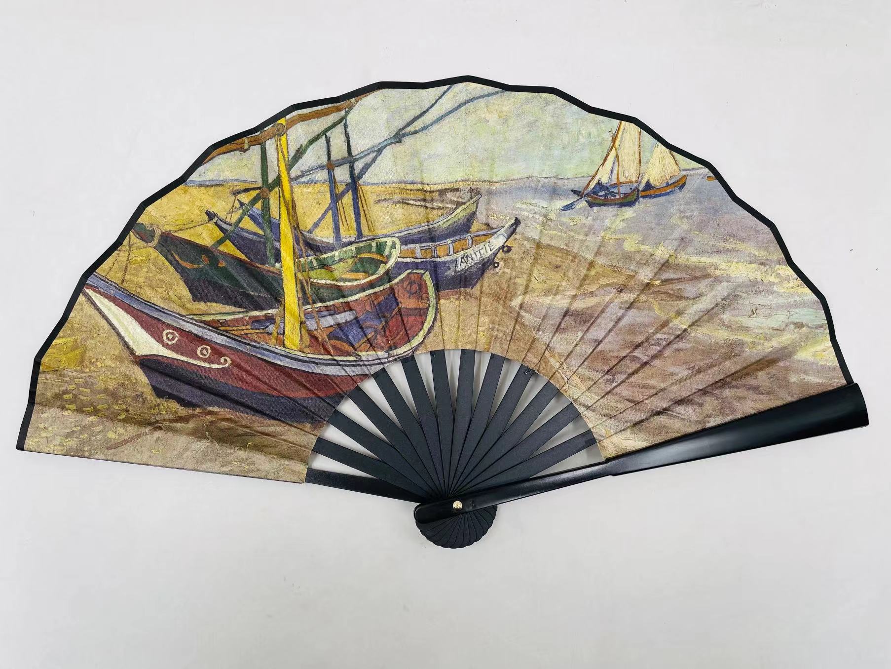 New oil painting series festival folding fans, popular hand fans in Europe and America, large fans, double-sided landscape printed fans pic 6