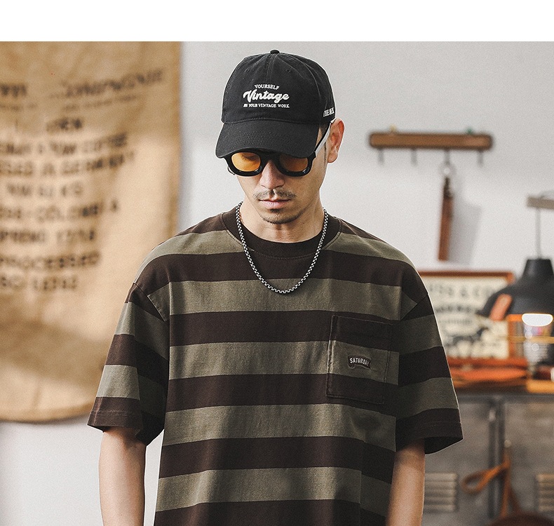 32支双纱平纹纯棉T恤男短袖夏季美式复古重磅宽松大码条纹男体恤详情1