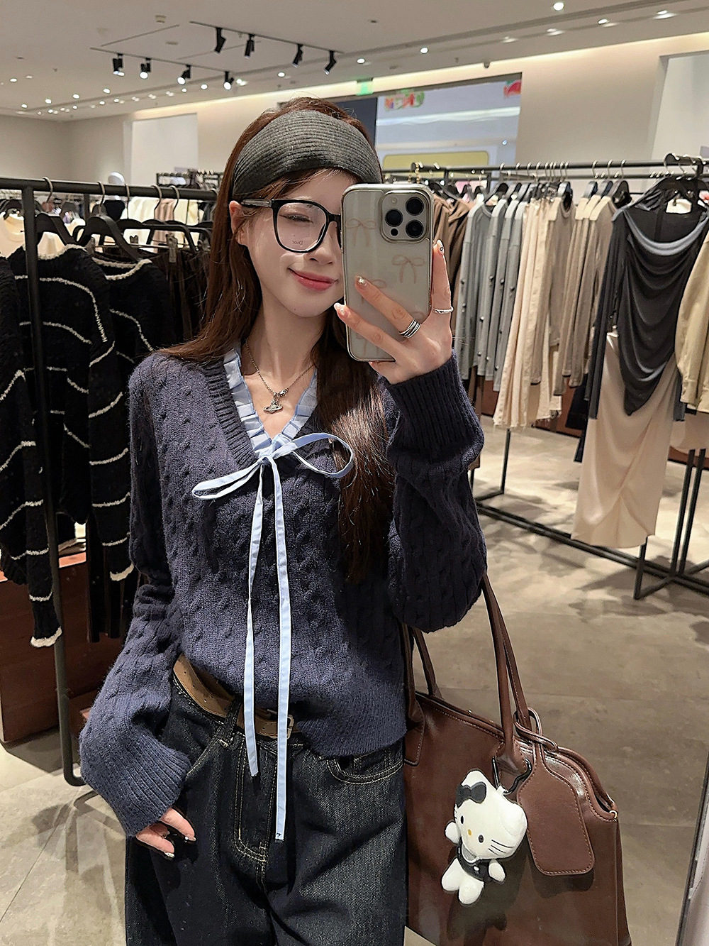 韩系学院风设计感假两件长袖毛衣针织衫女冬季蓝色温柔风修身上衣详情8