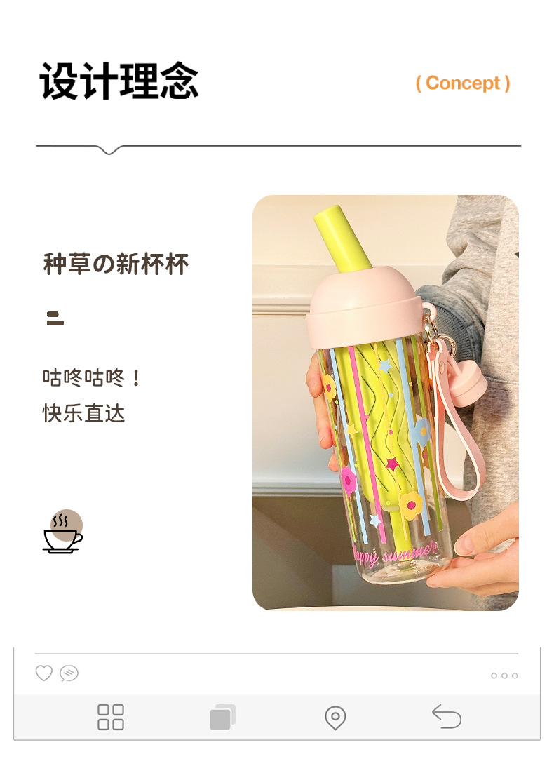 New Yebo plastic straw cup, cute cartoon TRitan water cup, student high appearance level tea and water separation double drinking cup pic 3