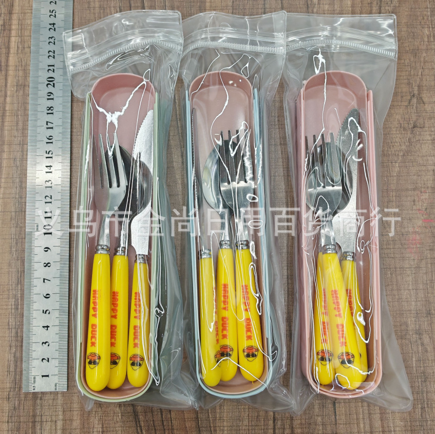 Three-piece cartoon plastic fork, knife and spoon set for students, adults, office workers and outdoor portable tableware storage box pic 6