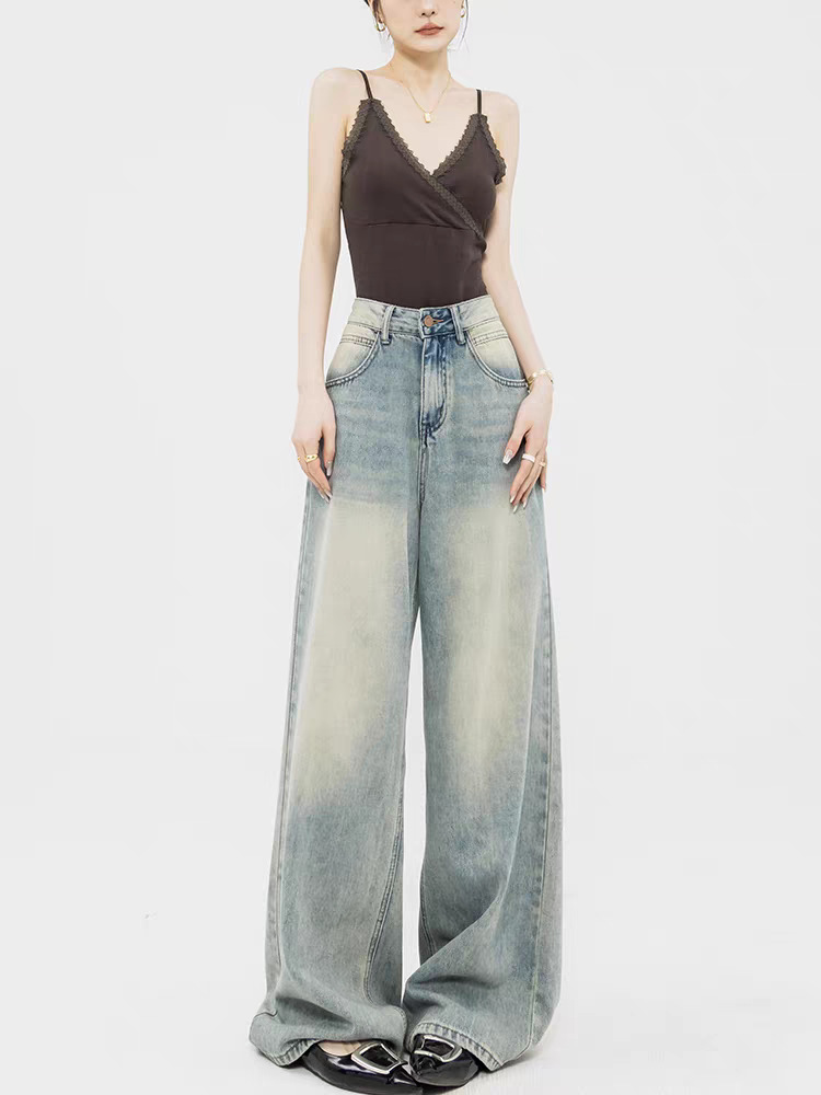 Custom-made retro light-colored straight-leg jeans with a high-waisted, loose design, floor-length wide-leg pants, suitable for all seasons pic 5