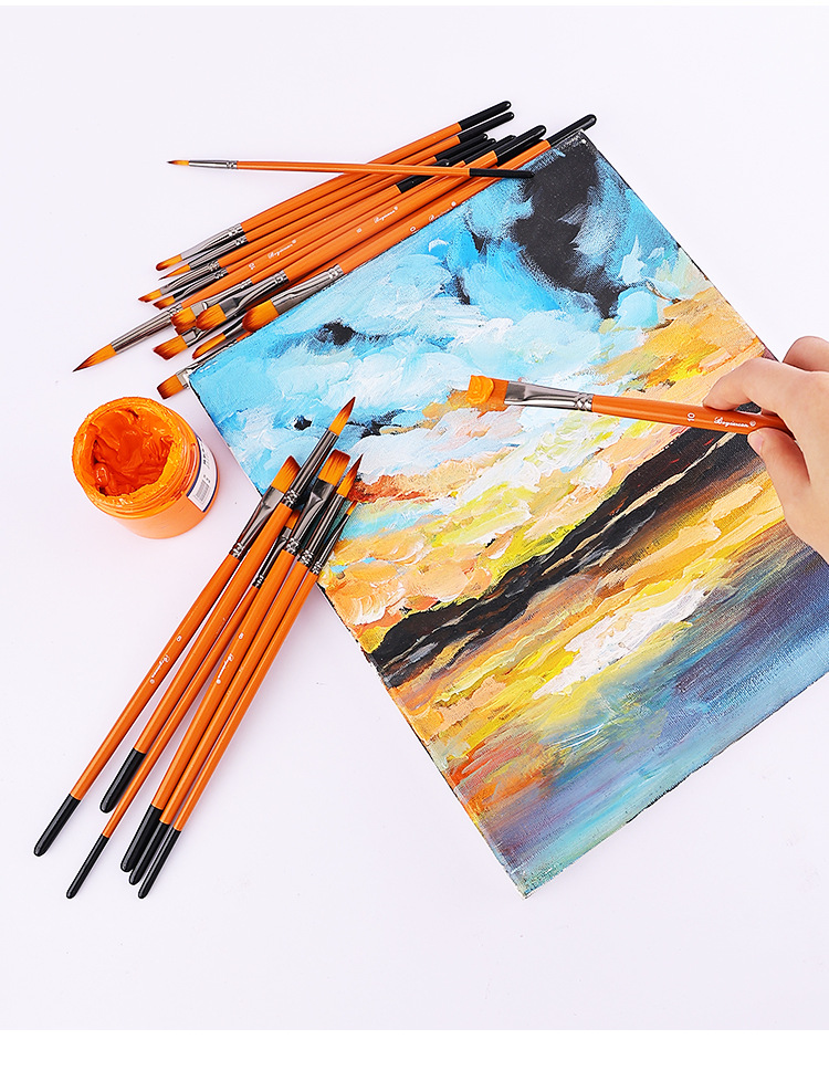 博艺宣五支装木质橙光数字油画笔学生尼龙绘画套装水粉丙烯油画笔详情29