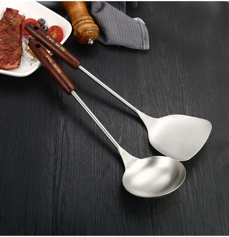 304 stainless steel spatula for household kitchen, thickened iron frying spatula, strainer, wooden handle, anti-scald kitchenware set pic 17