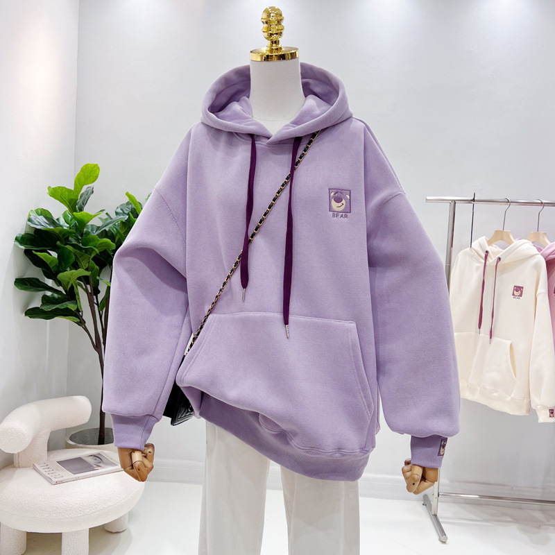 奶系加绒加厚刺绣小熊可爱连帽衫卫衣女秋冬vintage减龄宽松上衣详情3