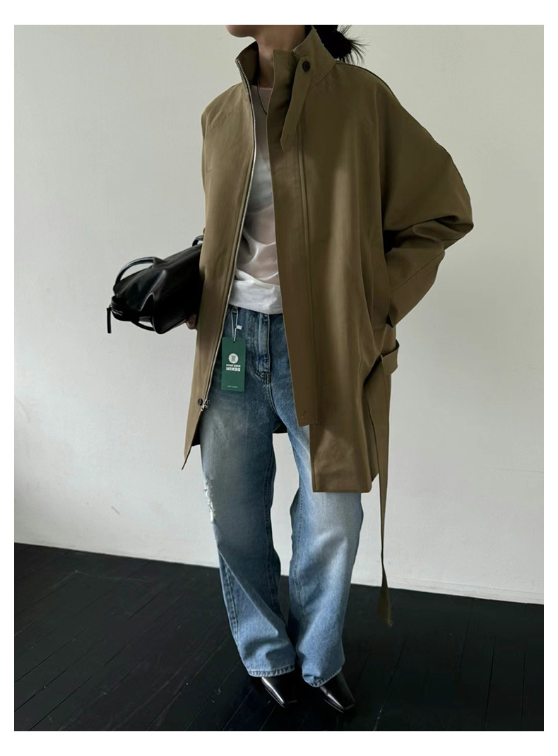 2025春季新品 韩国东大门女式风衣 立领系带设计 复古通勤风格 高级感慵懒风衣外套女款详情8