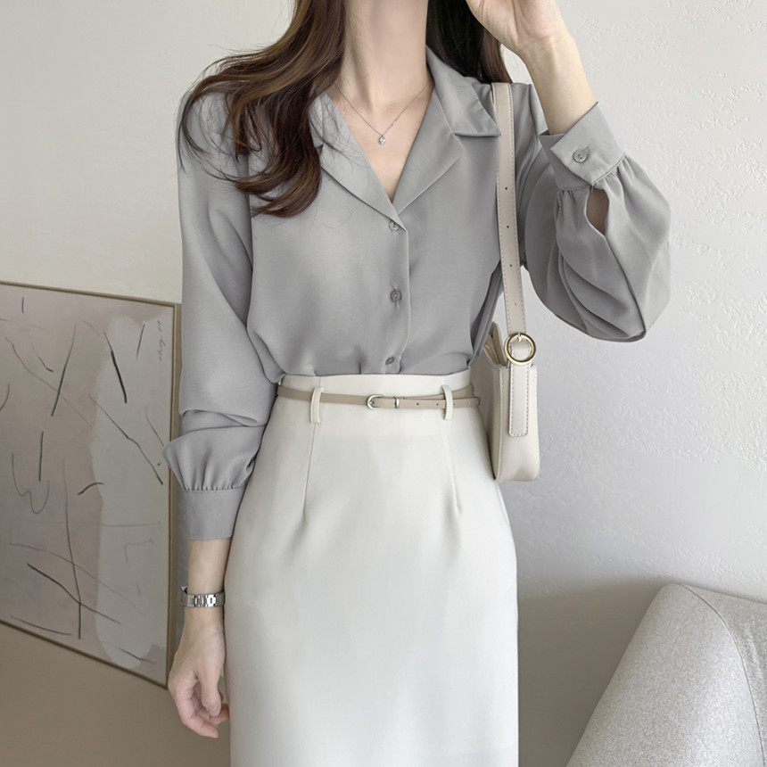 Korean chic2025 Spring/Summer simple solid color elegant suit collar chiffon shirt, French gentle long-sleeved shirt for women pic 1