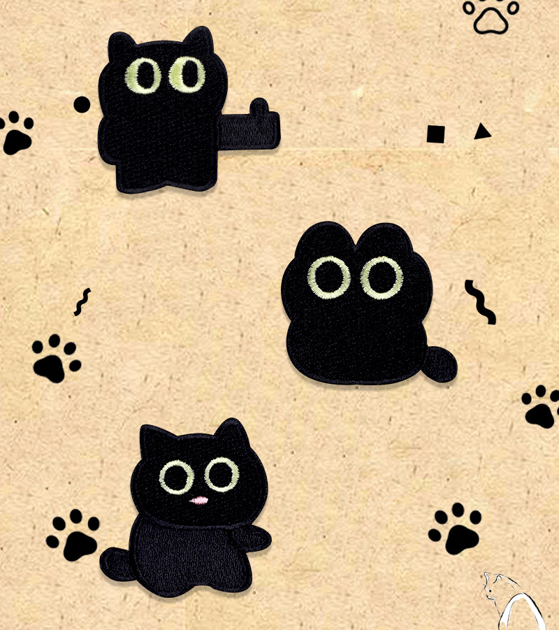 Cartoon little black cat embroidery patch, hand journal, DIY mobile phone decoration, schoolbag, Longxiang self-adhesive paper, clothes patch pic 2