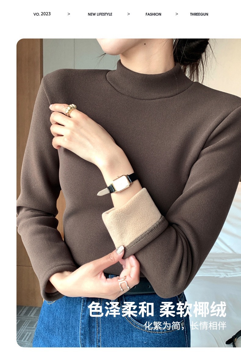 春秋女装新款加绒保暖针织衫长袖半高领上衣女休闲修身内搭打底衫详情2