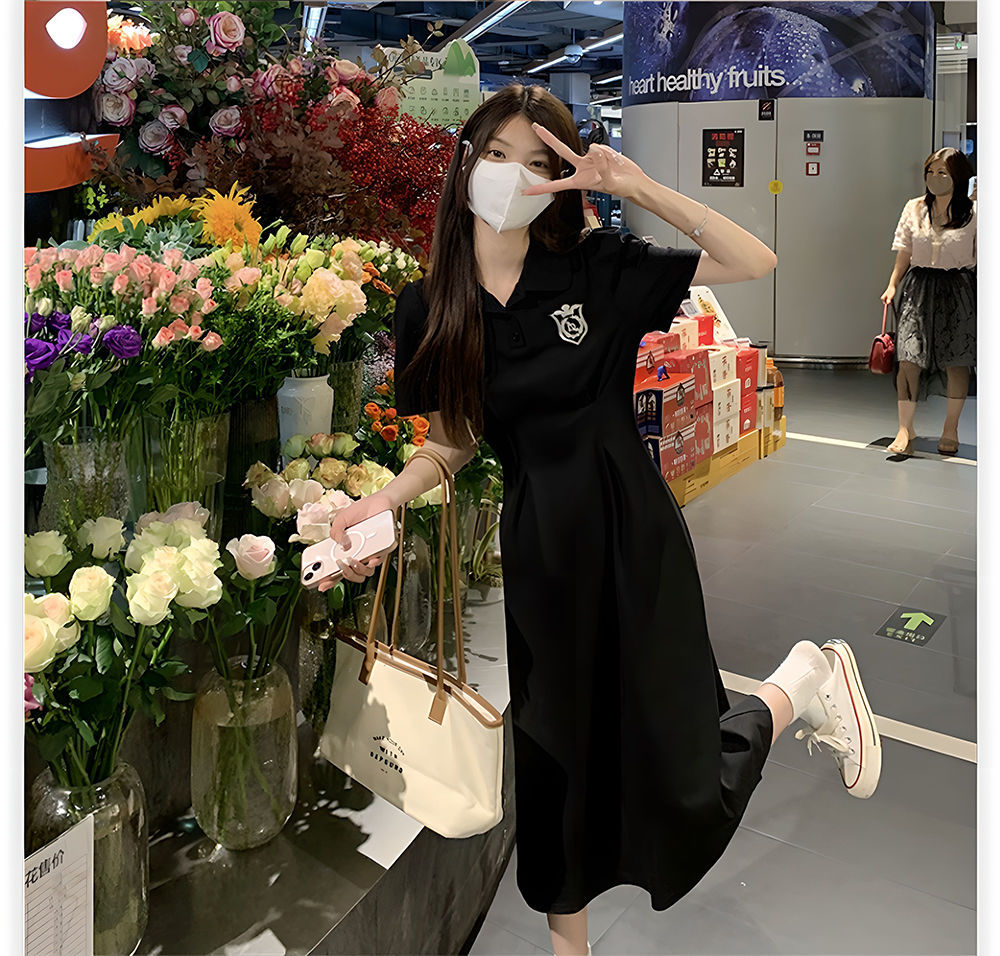 夏季POLO领短袖连衣裙女收腰显瘦过膝长裙学院风中长款休闲A字裙详情19
