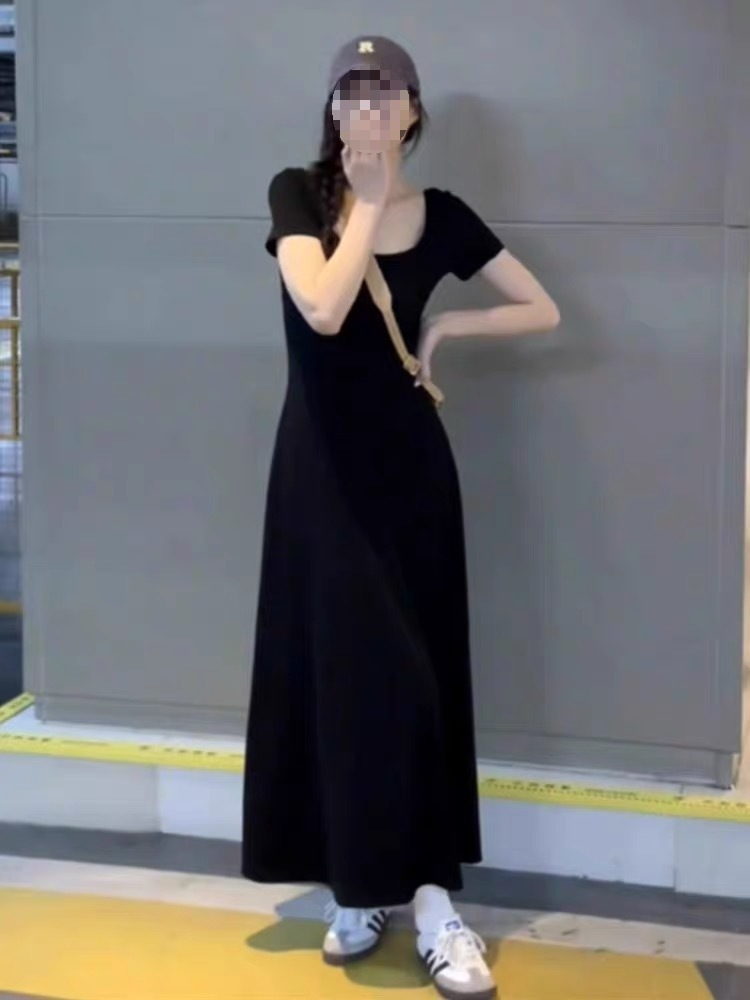 法式纯欲风夏季圆领短袖连衣裙包臀修身收腰长裙纯色高腰大摆裙详情10