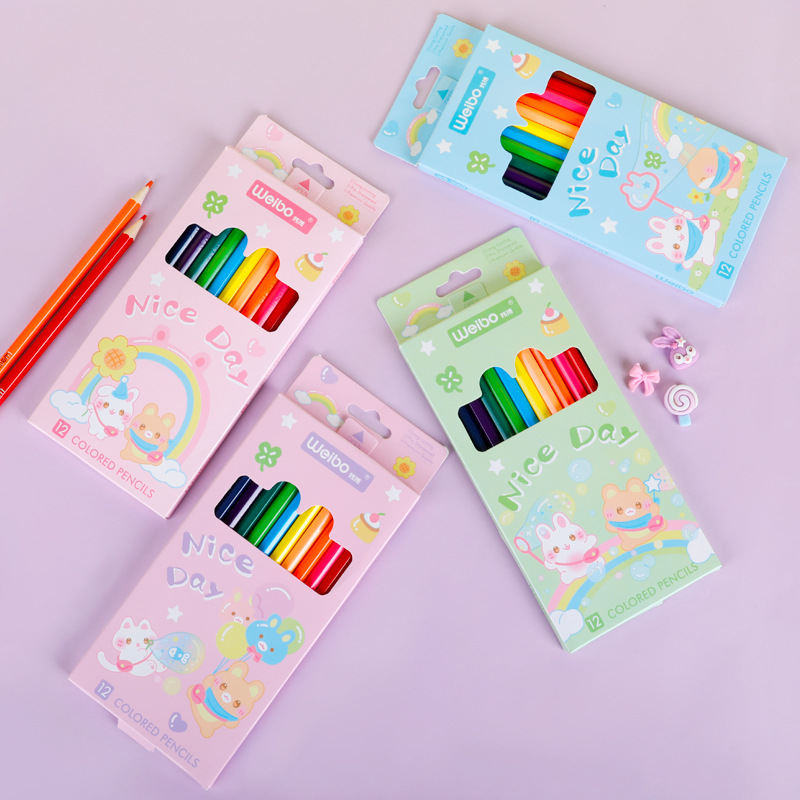 炜搏文具白杨木杆彩铅儿童彩色铅笔套装木质油性12色美术画笔盒装详情4