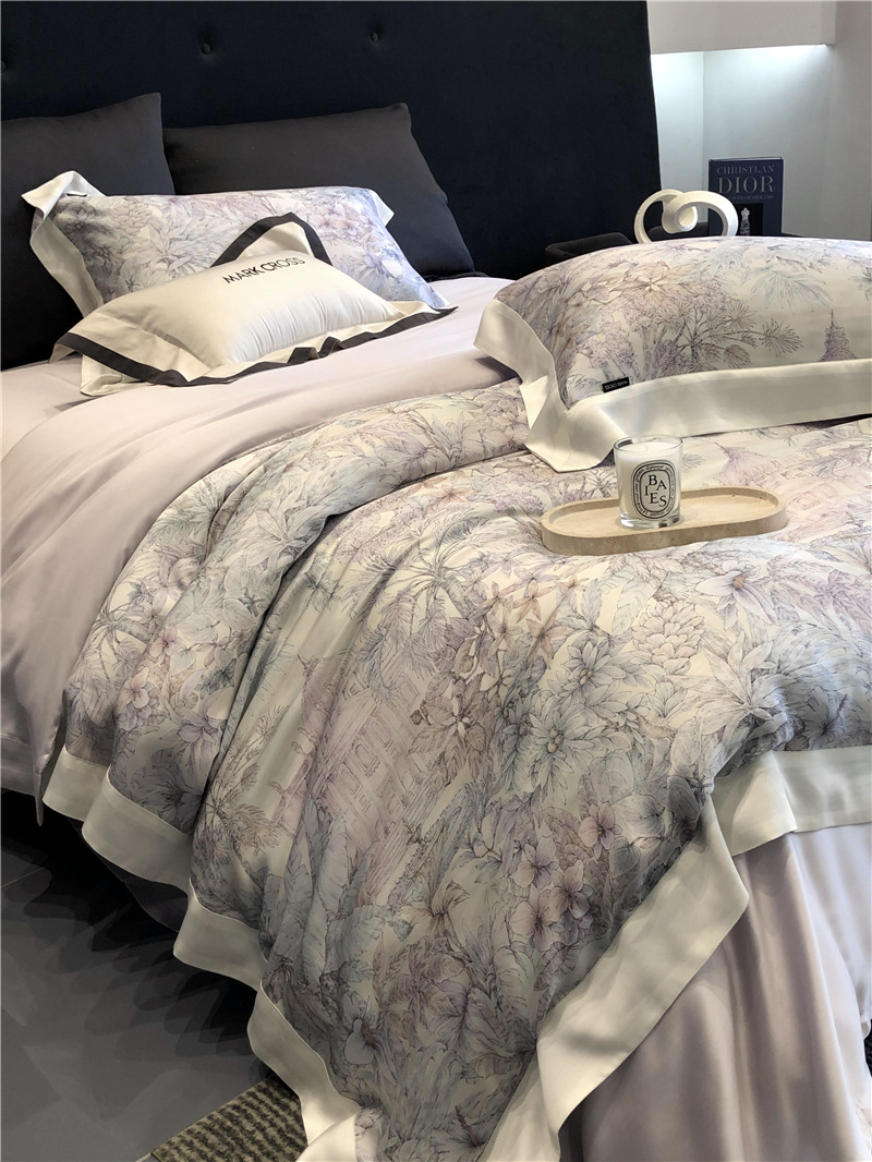 Cool ultra-fine denier Tencel summer light and cool condensation filament four-piece set, elegant printed sweat-absorbing nude bedding pic 57