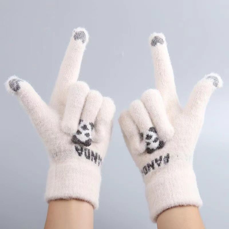 可爱熊猫触屏保暖手套冬季加绒加厚五指分指学生骑行保暖防寒毛线详情6