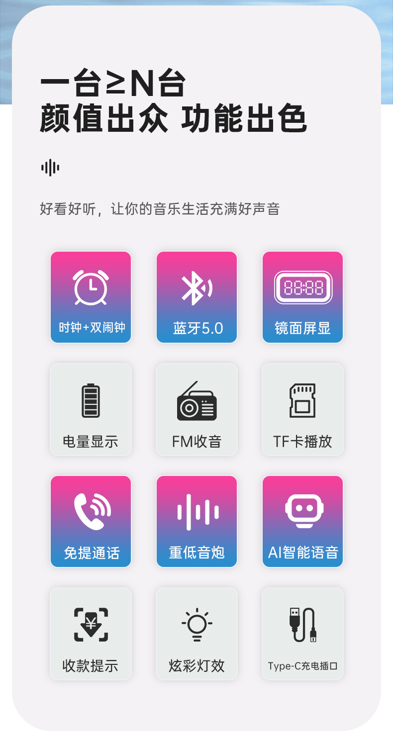 亚马逊热销蓝牙音箱 无线音箱桌面时钟电脑小音响智能语音小夜灯详情10