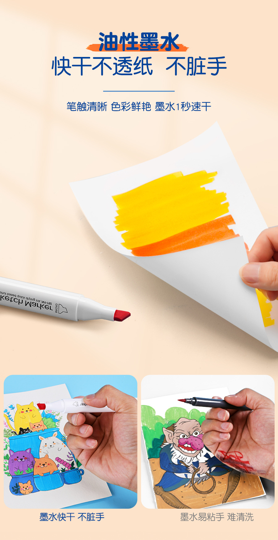 Tianhui Cross-border Double-headed oil-based marker pen, four-corner rod, large-capacity square head watercolor pen, student painting and design brush pic 9