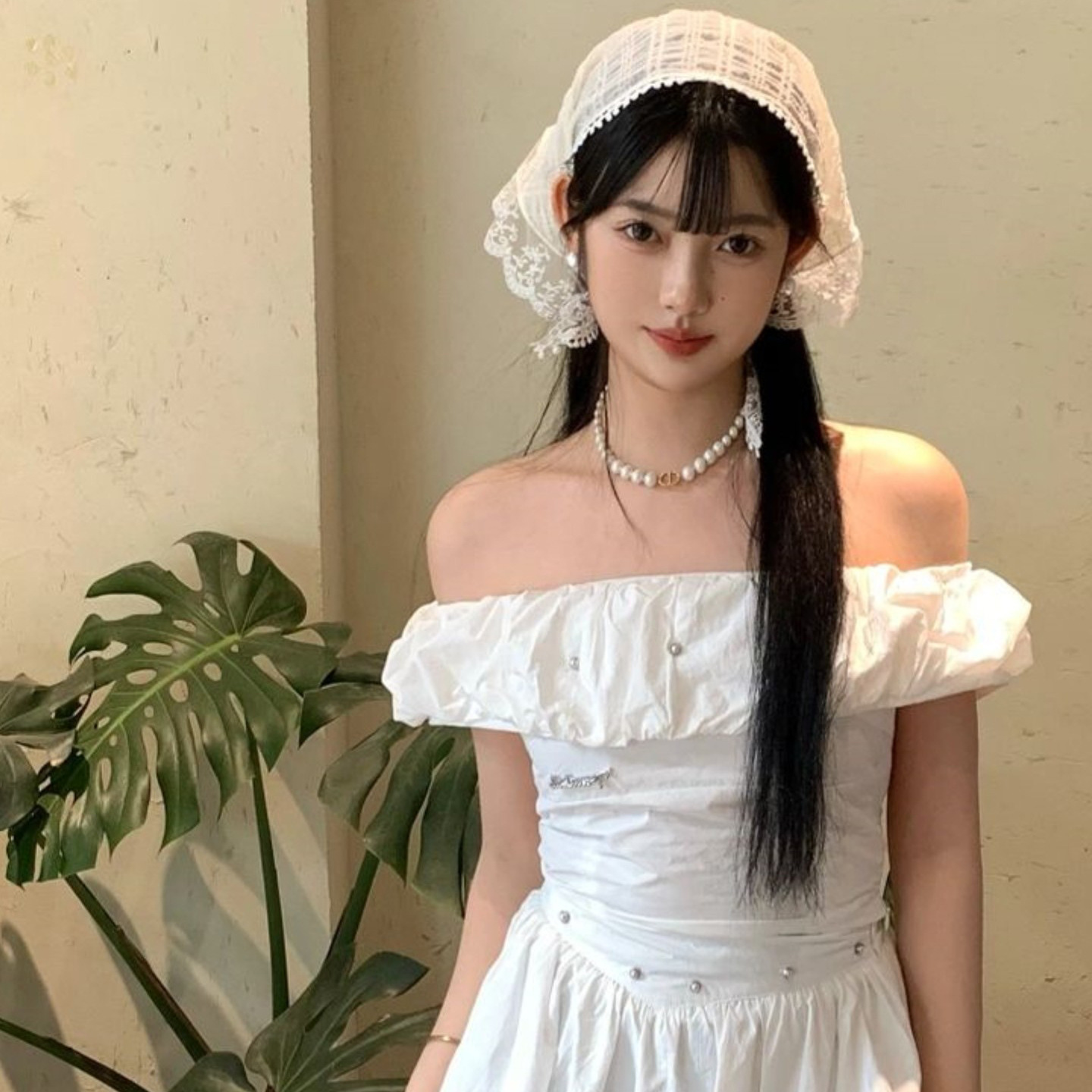 法式少女蕾丝三角巾氛围感丝巾碎花头巾高级花朵米色田园风飘带潮详情8