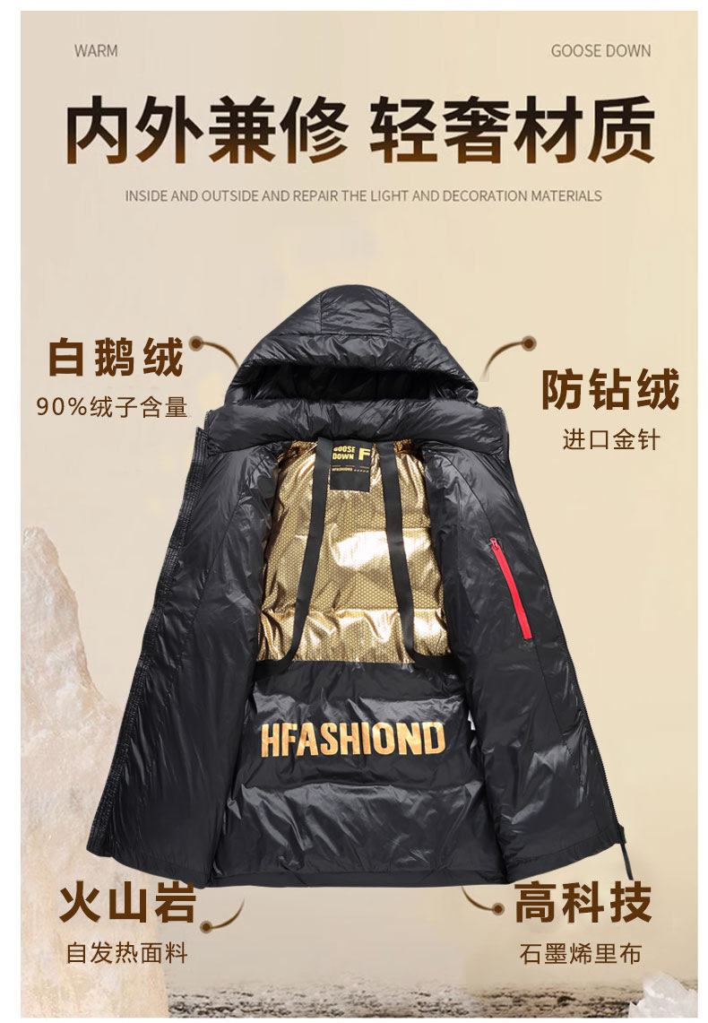 黑金鹅绒羽绒服短款加厚男款保暖防寒冬季白鸭绒服男新款连帽外套详情2
