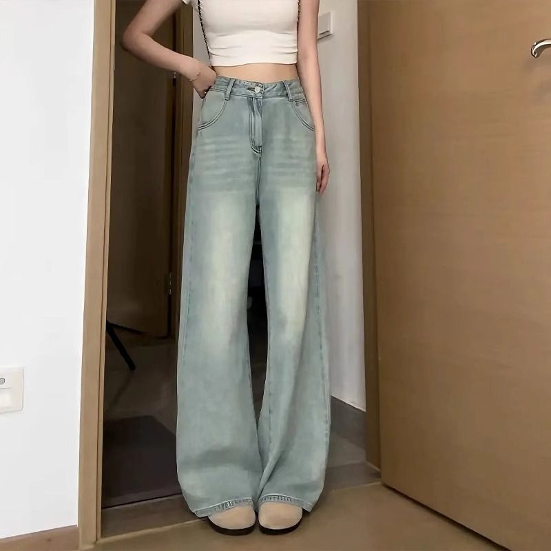 复古浅色阔腿牛仔裤女高腰2024年春秋新款宽松直筒拖地裤子女夏季详情1