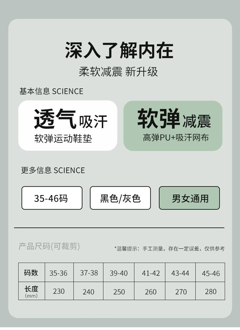 4D运动鞋垫男生女士PU足弓全垫防臭吸汗透气高弹减震休闲军训鞋垫详情14