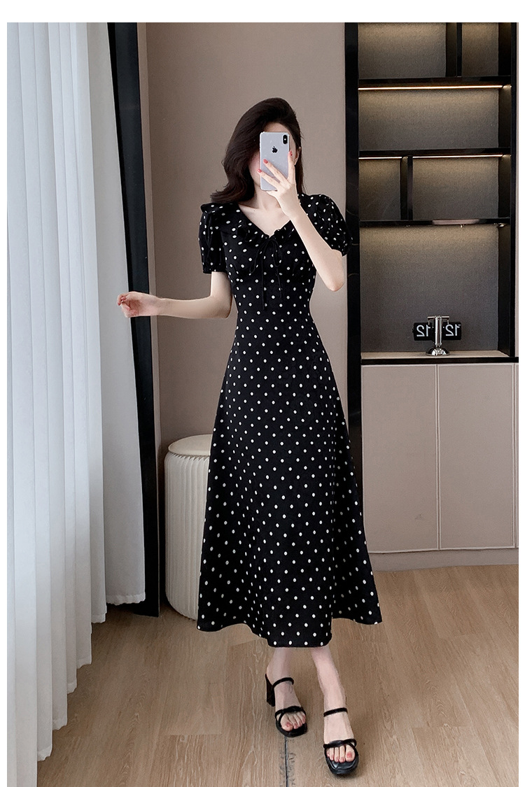 High-quality summer Korean-style sweet and slimming dress with lotus leaf collar, waist-cinching tie, puffed sleeves and jacquard polka dot pic 22