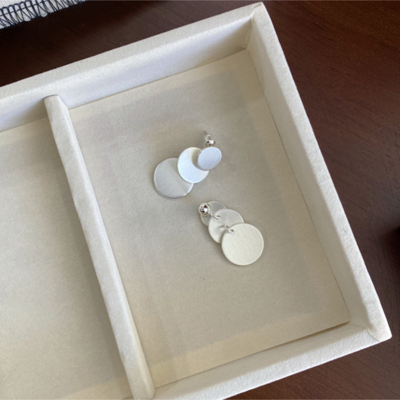 泰国小众文艺复古三层圆片拉丝耳环S925银针几何圆形叠片简约耳钉详情10