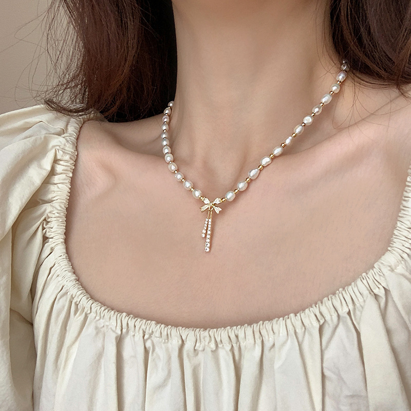 淡水珍珠项链微镶锆石蝴蝶结法式复古锁骨链铜珠间隔设计感项饰女详情1