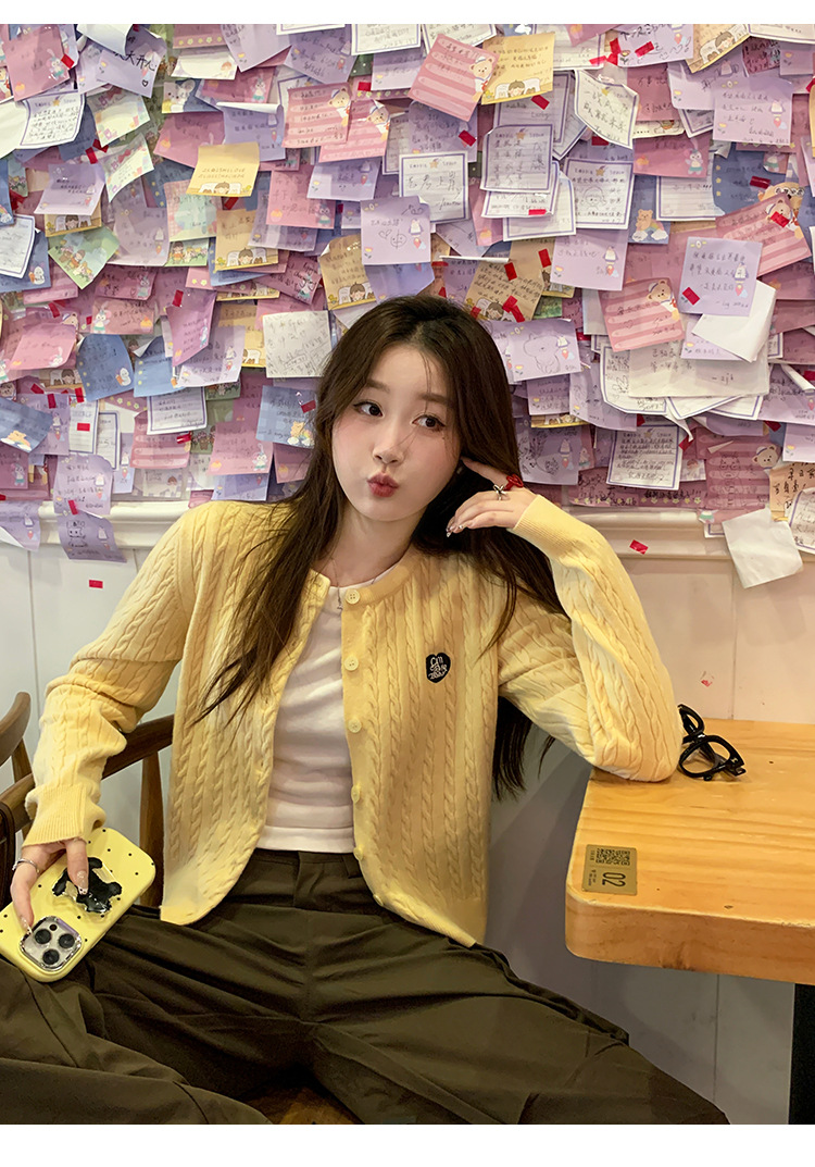 黄色开衫针织开衫外套女2024新款短款慵懒春秋麻花毛衣高级感上衣详情9