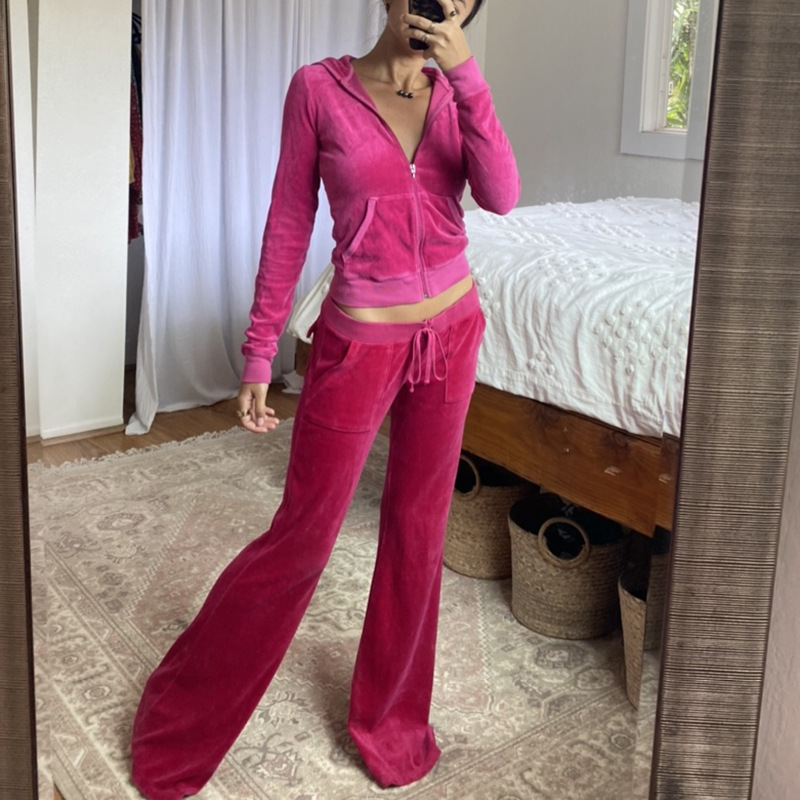 Solid color velvet slim sports suit zipper hood pic 13