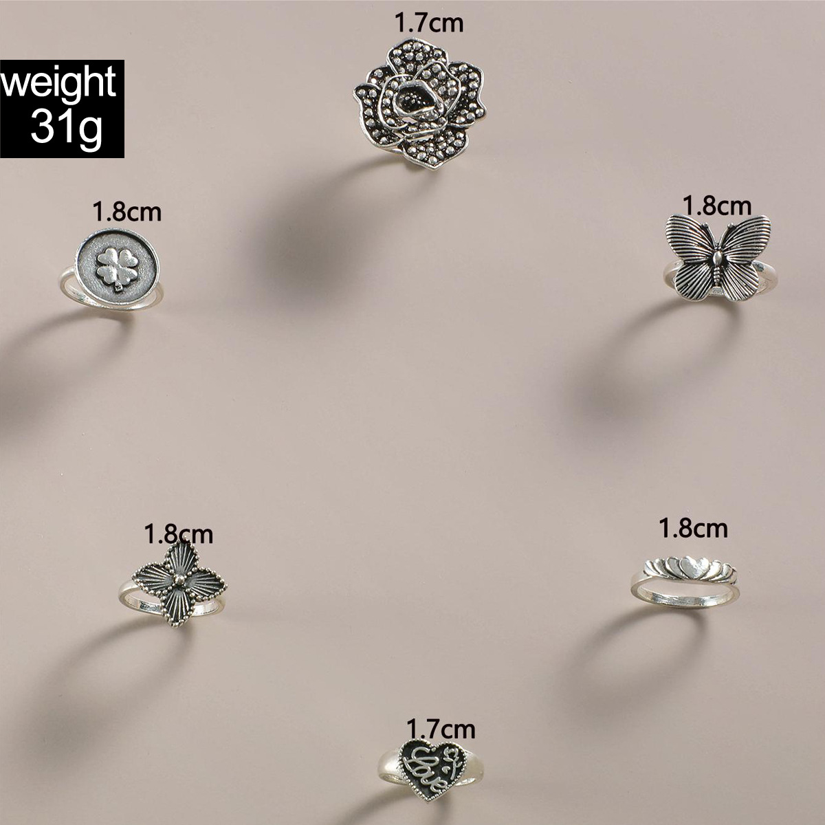 欧美跨境波西米亚海星扇贝戒指 沙滩风椰树蝴蝶雕花复古戒指套装详情5