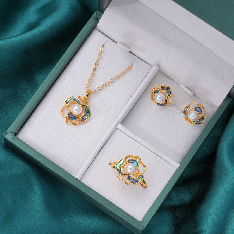 Pearl ring, earneedle pendant, micro-inlaid three-piece set, empty stand, colorful four-petal flower, oil-drip, crushed shell DIY, light luxury style pic 11