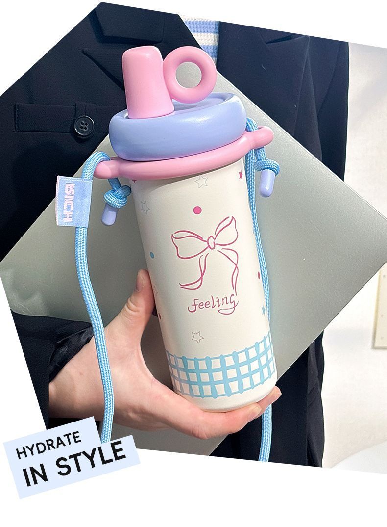 轻奢吸管保温杯女高颜值吸管杯大容量水杯背带可斜挎车载杯子便携详情14