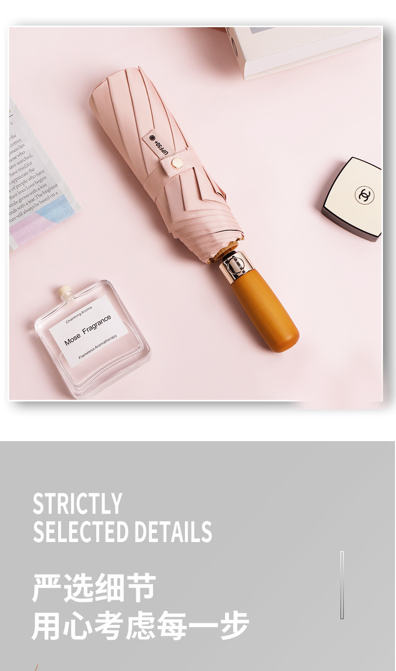 New solid wood fully automatic umbrella, a 23-inch self-opening and closing umbrella for both rain and sun protection, 12-bone business black rubber sun umbrella pic 13