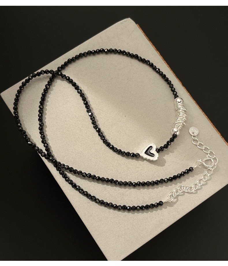 925纯银不规则黑色晶石项链女简约手工穿制爱心滴油锁骨链N1038详情14