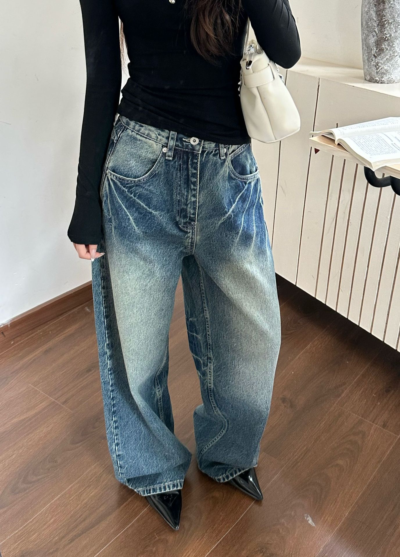 陆晟闪电纹做旧阔腿牛仔裤男女潮流美式复古水洗街头风休闲裤子潮详情9