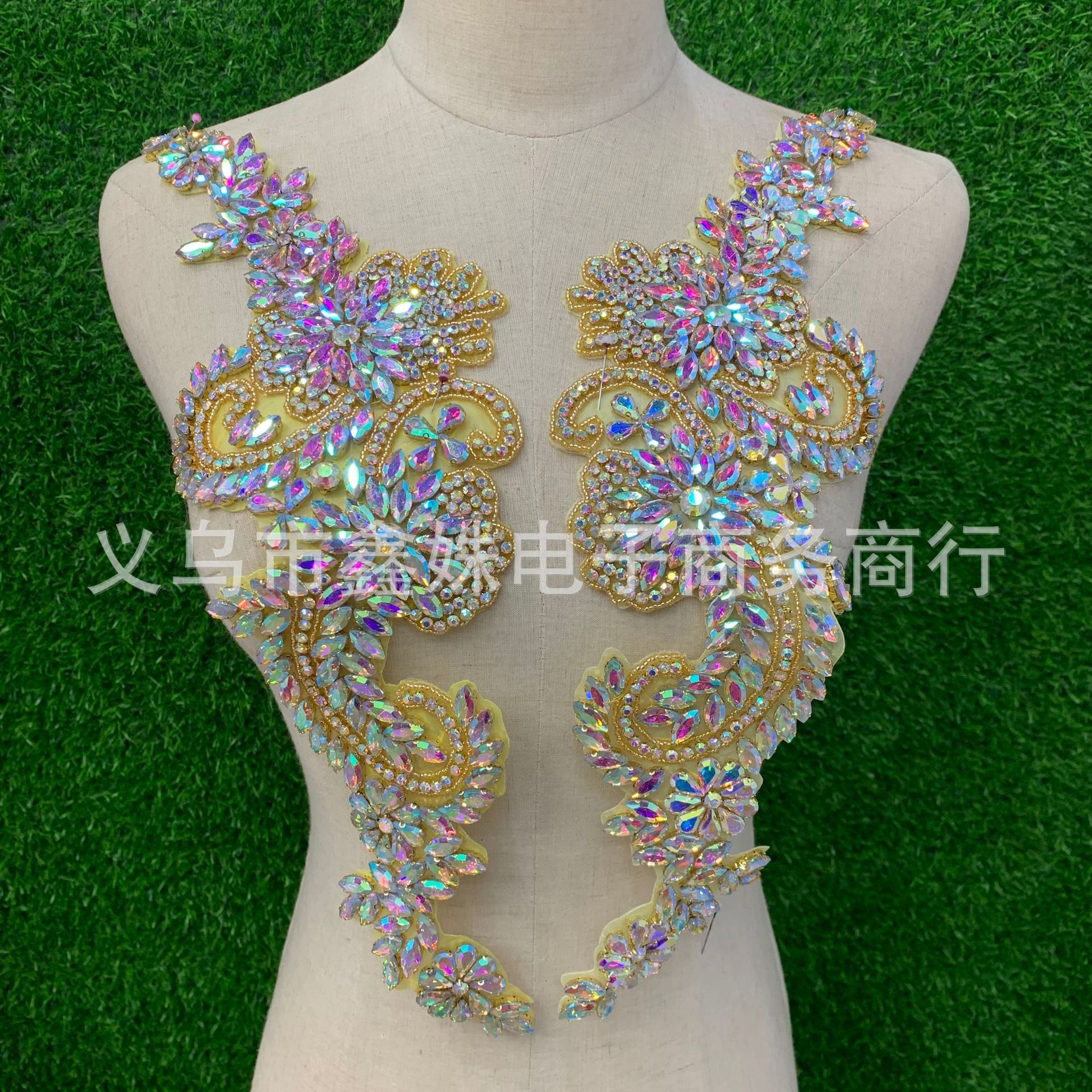 diy golden AB wedding dress, crystal glass decals and diamond patterns pic 1