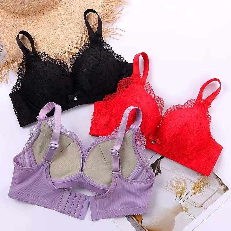 Cross-border export lace bras without steel loops, medium thick cup copper fiber lining, small breasts, gathering anti-sagging three-breasted underwear pic 4