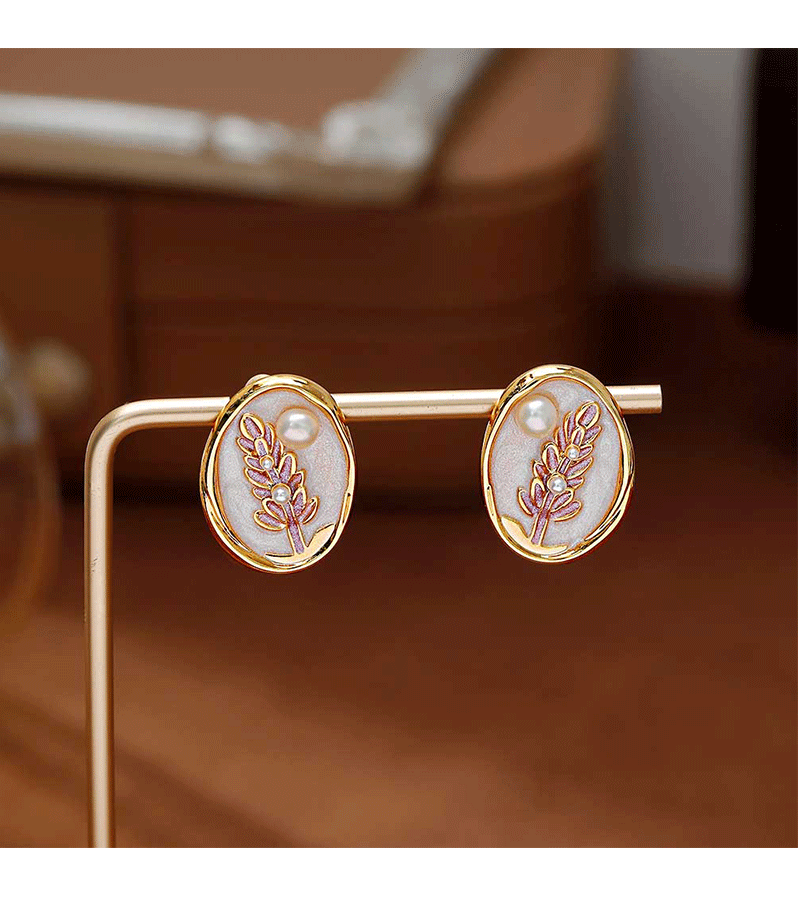 Hyacinth enamel pearlescent drop glaze oval Earrings, live-streaming bestsellers pearl earrings, French retro style oil painting wheat ear earrings pic 6