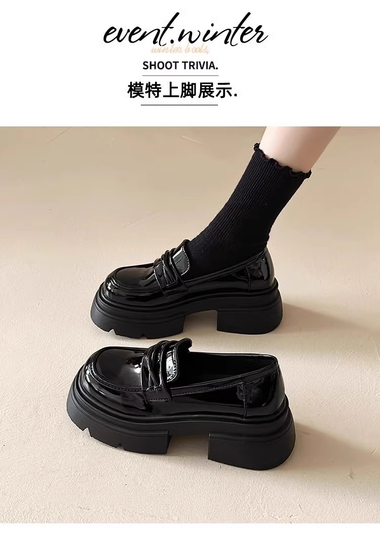 牛皮版~英伦风厚底真皮小皮鞋女复古黑色休闲松糕鞋一脚蹬乐福鞋详情1