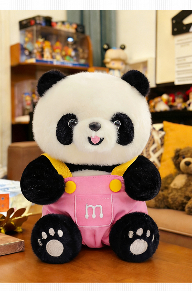 卡通背带裤熊猫毛绒玩具动物园纪念品仿真公仔儿童生日礼物批发详情17