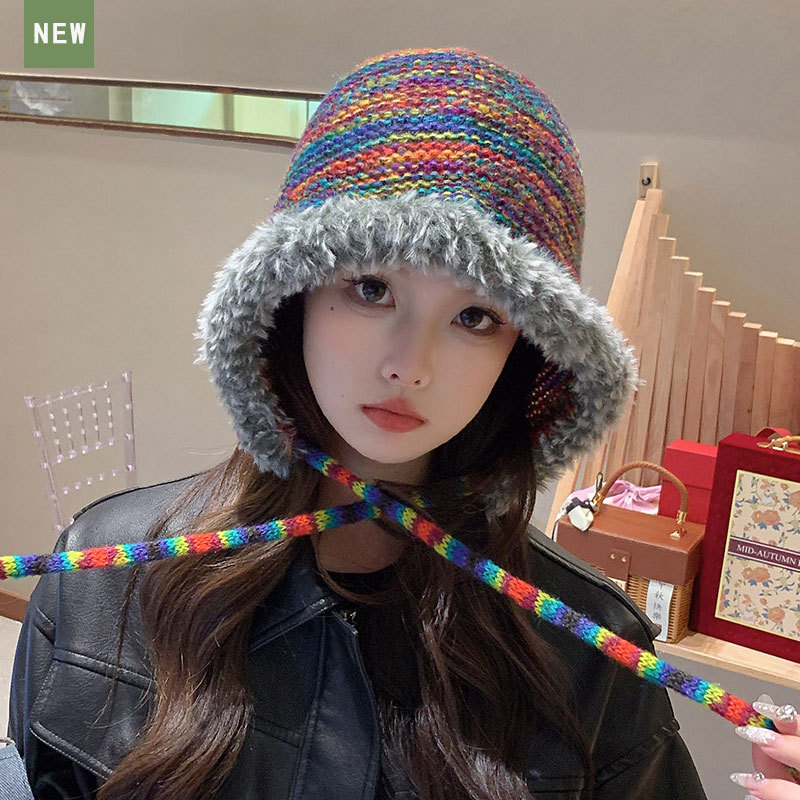 A cute rainbow gradient knitted hat for women in autumn and winter, warm, ear-protecting and face-enhancing small woolen headscarf pic 5