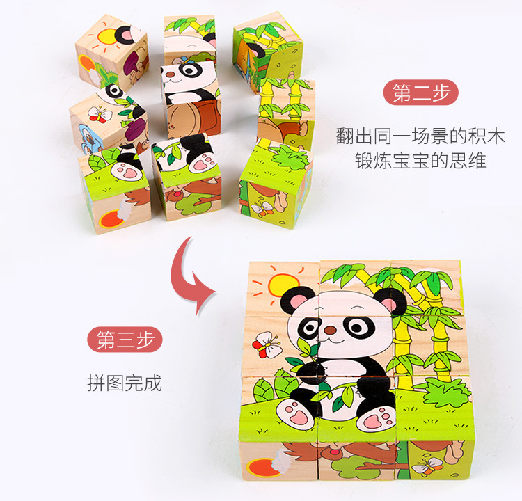 9粒六面画立体拼图块儿童益智力早教幼儿园积木质制玩具变脸魔方详情8