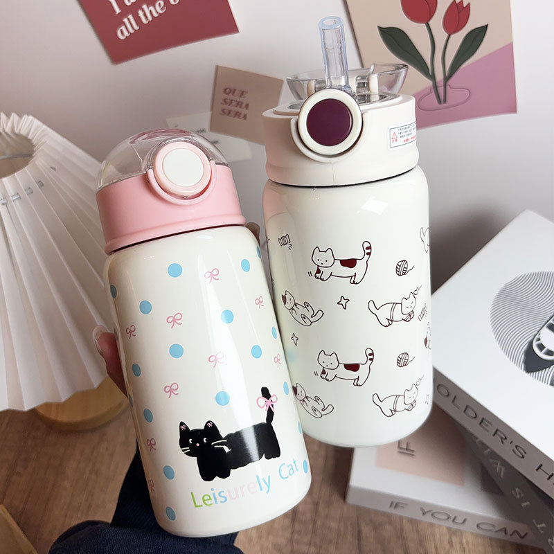 简约小猫保温杯可爱高颜值女生学生吸管杯儿童316不锈钢双饮水杯详情22