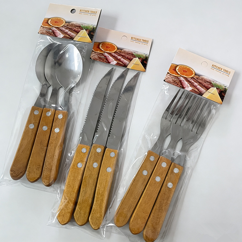 外贸不锈钢西餐刀叉勺6pc套装 木柄牛排刀叉子套装 3pc西餐具批发详情1