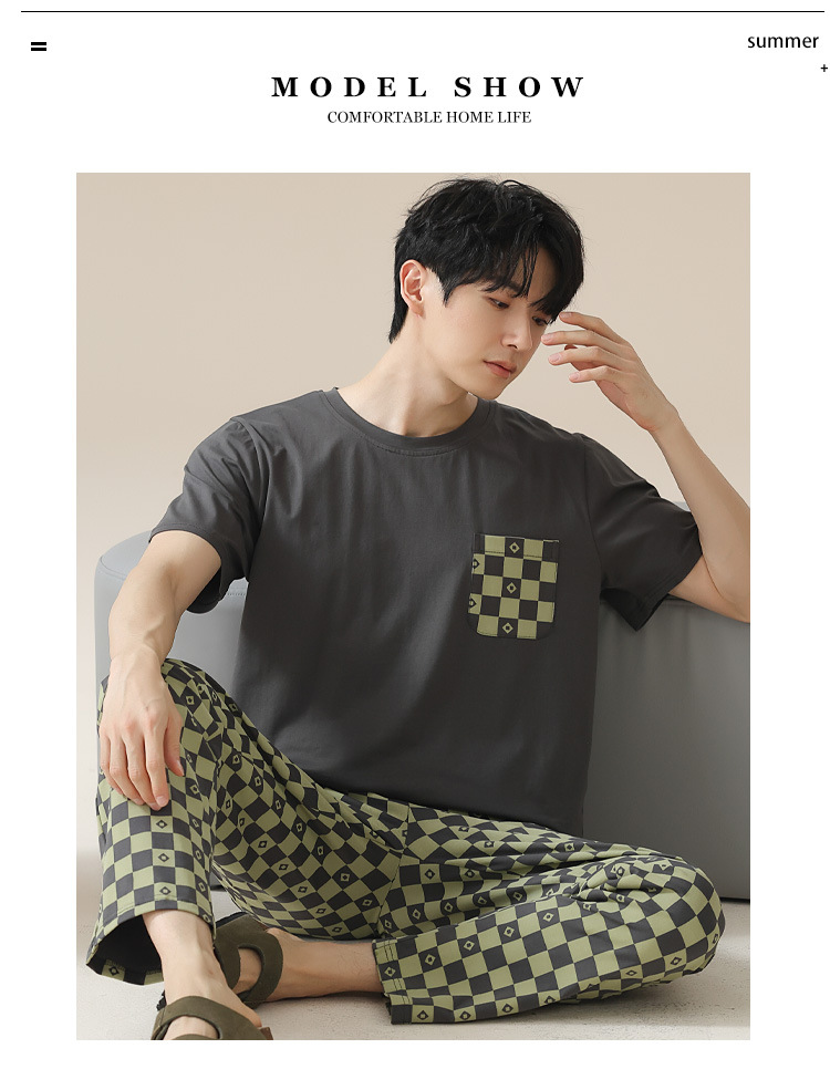Summer pure cotton pajamas for men, cartoon casual short-sleeved shirts and long pants, pure cotton comfortable home wear, summer youth student set pic 83