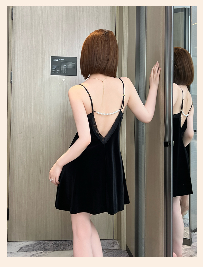 Retro velvet pearl chain backless nightgown for women, sexy deep V lace bow, multi-color home wear 987 pic 9