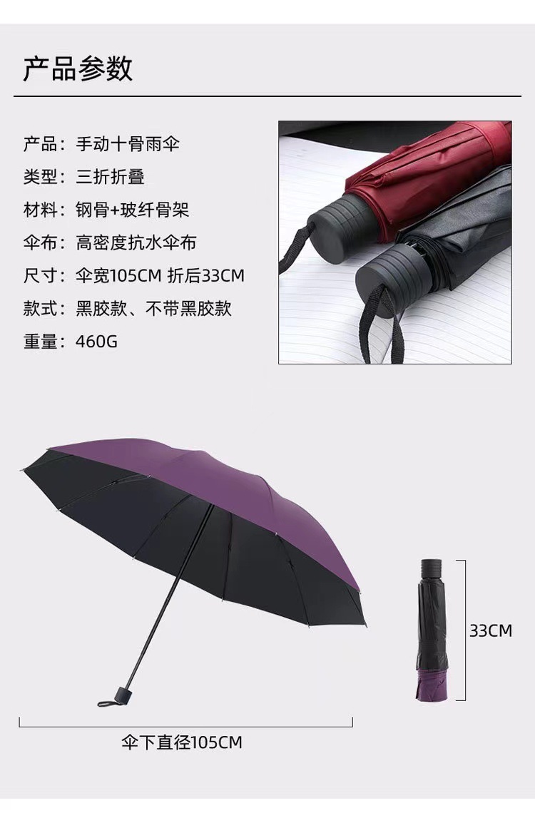 十骨全自动大号商务广告伞晴雨伞黑胶防晒三折叠伞礼品太阳伞批发详情15